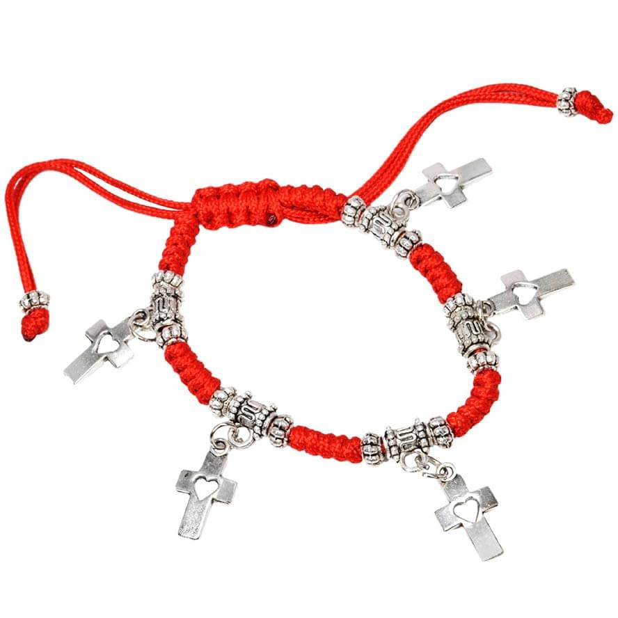 Red Cotton Charm Bracelet with Cross Hearts